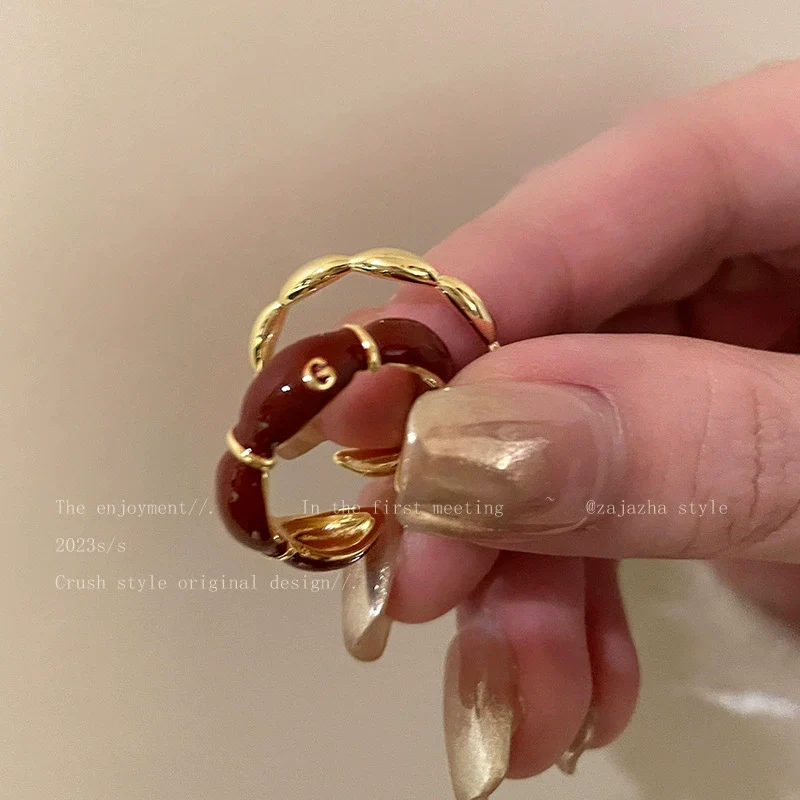 Wholesale Women's Geometric Copper Finger Ring With Red Drop Glaze And Electroplating - Image 2