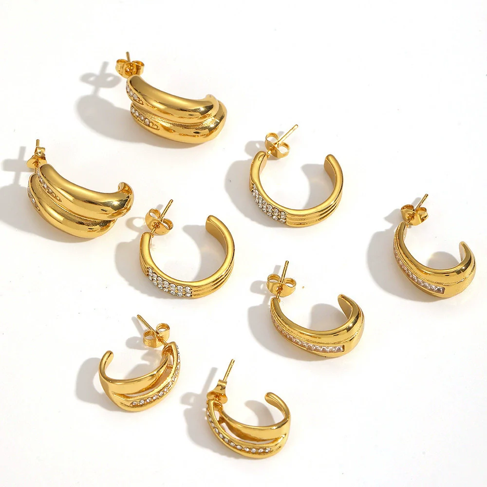 Wholesale Women's Geometric Cshaped Stainless Steel Diamondencrusted Earrings With Pvd Furnace Vacuum Real Gold Plating Light Luxury Style - Image 3