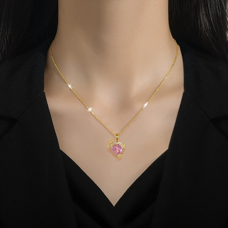 Wholesale Women's Geometric Diamond Inlaid Titanium Steel And Brass Heart Flower Necklace - Image 2