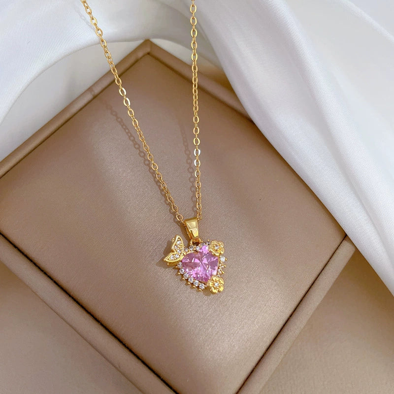 Wholesale Women's Geometric Diamond Inlaid Titanium Steel And Brass Heart Flower Necklace - Image 7