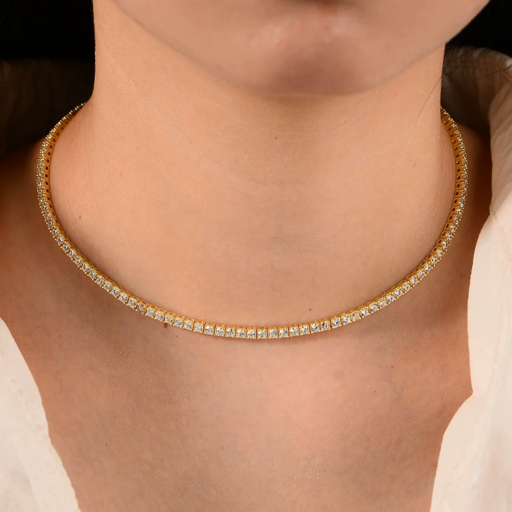 Wholesale Women's Geometric Diamond S925 Sterling Silver Goldplated Tennis Necklace - Image 3