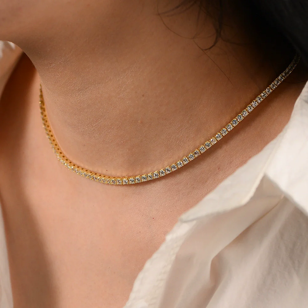 Wholesale Women's Geometric Diamond S925 Sterling Silver Goldplated Tennis Necklace - Image 4