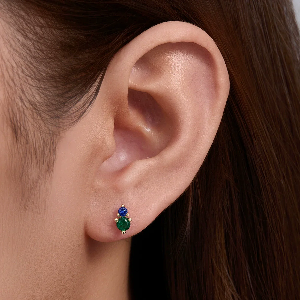 Wholesale Women's Geometric Diamond Style 925 Sterling Silver Flatbottomed Flatpushed Piercing Earrings With Colorful Zircon - Image 4