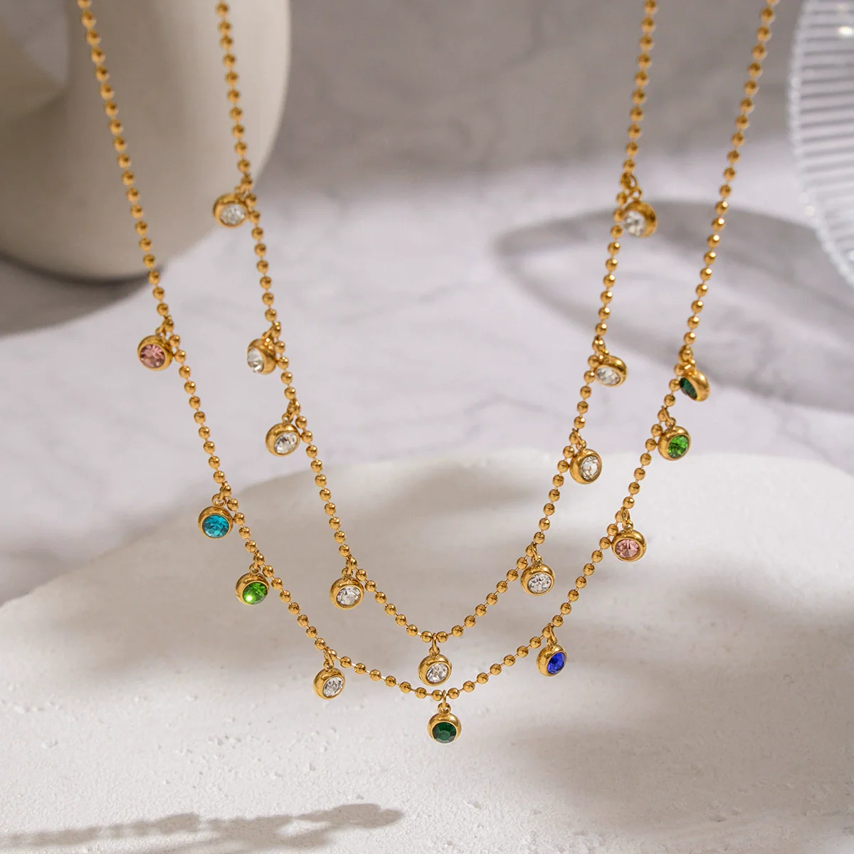 Wholesale Women's Geometric Doublelayer Necklace With Zircon Inlay Stainless Steel 18K Real Gold Plated Jewelry