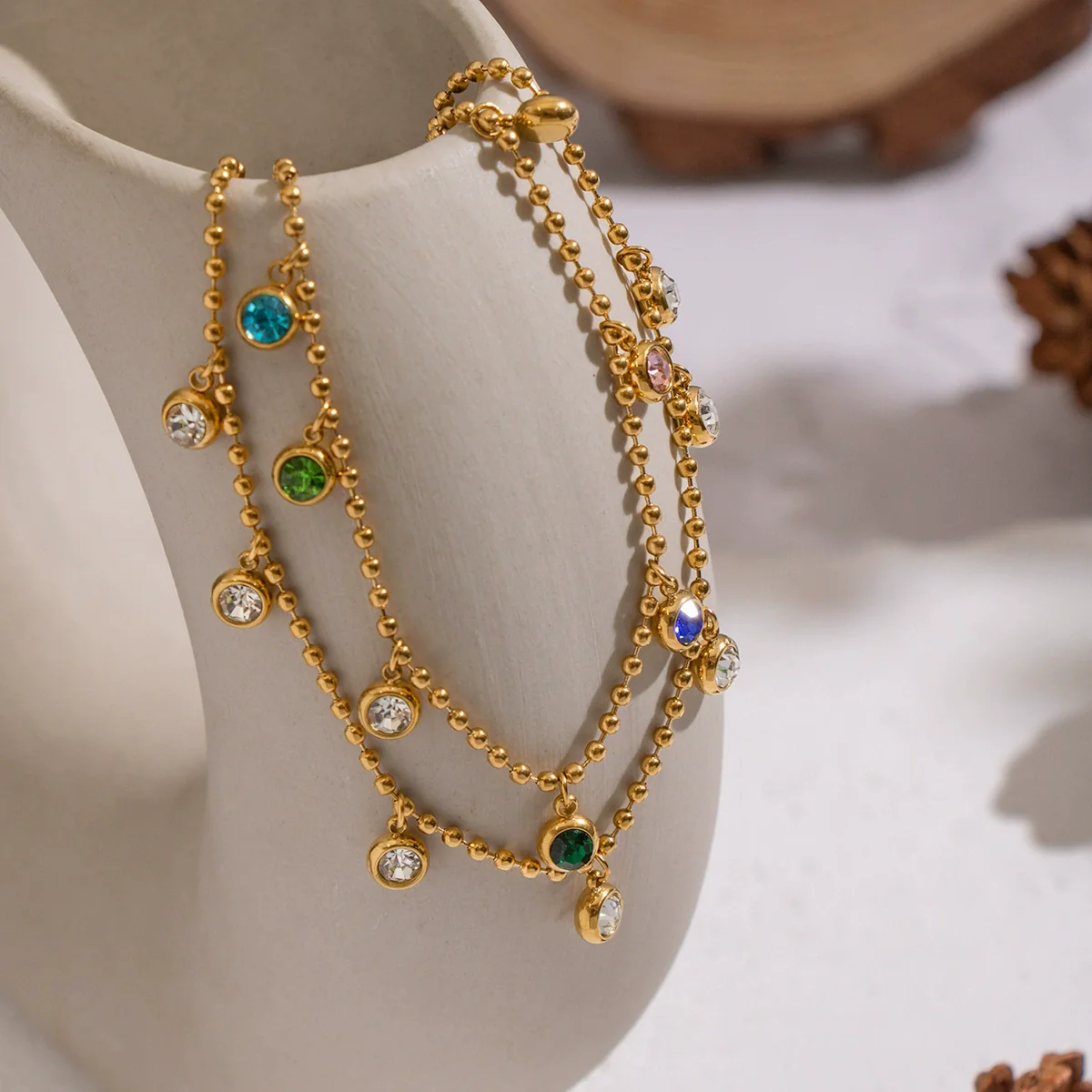 Wholesale Women's Geometric Doublelayer Necklace With Zircon Inlay Stainless Steel 18K Real Gold Plated Jewelry - Image 2
