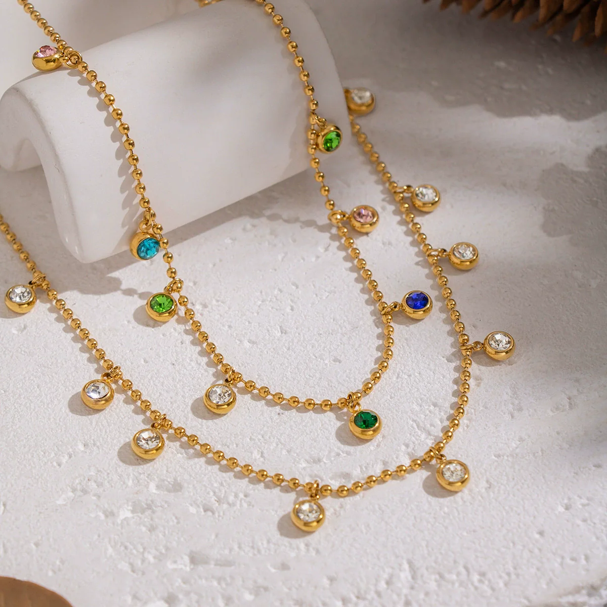 Wholesale Women's Geometric Doublelayer Necklace With Zircon Inlay Stainless Steel 18K Real Gold Plated Jewelry - Image 3