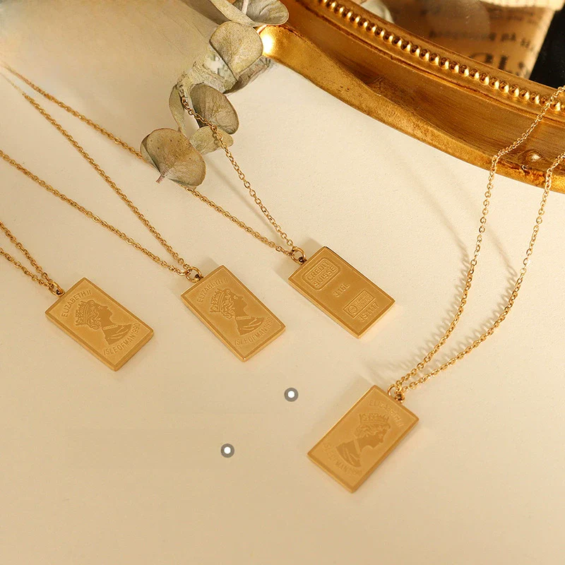 Wholesale Women's Geometric Doublesided Portrait Pendant Clavicle Necklace Titanium Steel Goldplated Jewelry - Image 2