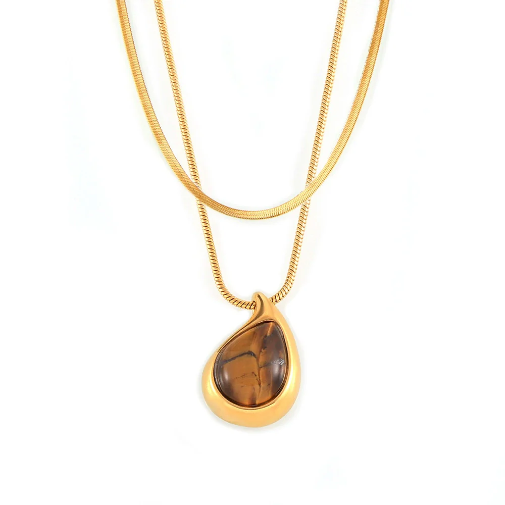 Wholesale Women's Geometric Dropshaped Tiger Eye Pendant Titanium Steel Goldplated Necklace - Image 5
