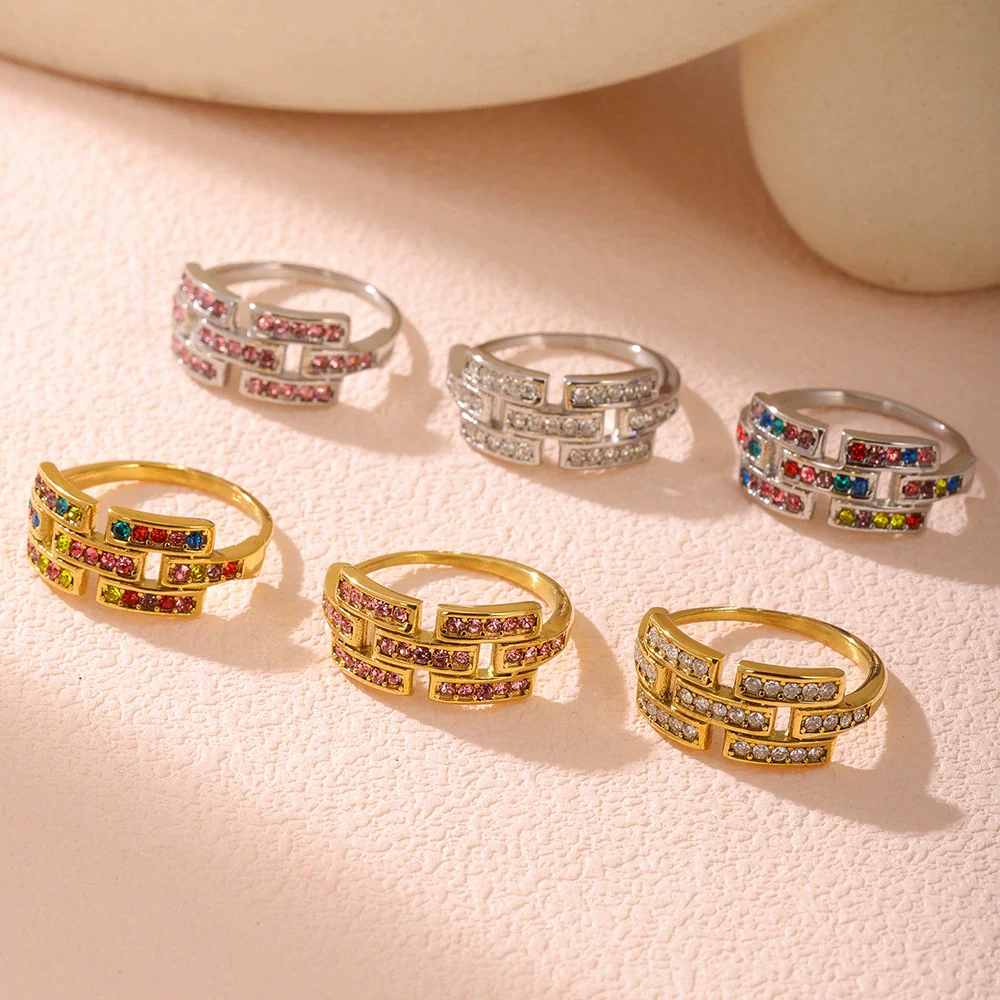 Wholesale Women's Geometric Ferris Wheel Colorful Zircon Ring Light Luxury Cold Style Stainless Steel 18K Real Gold Electroplated