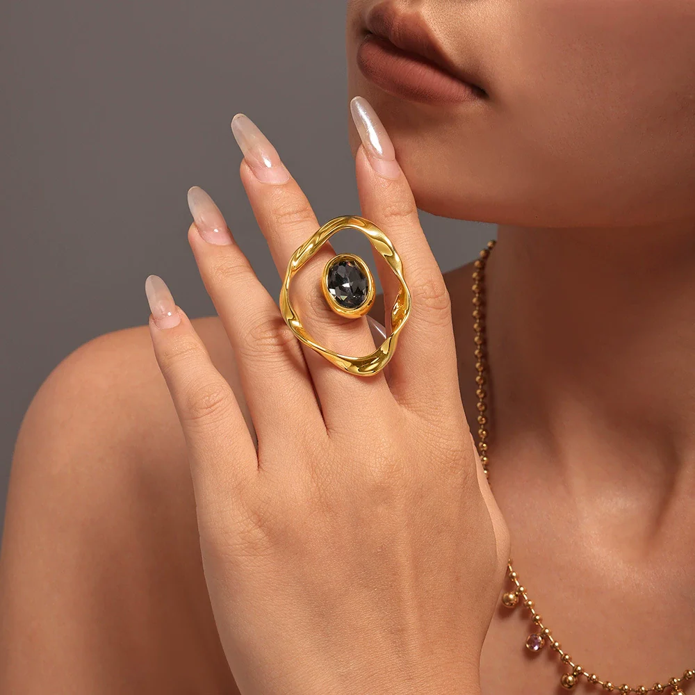 Wholesale Women's Geometric Ferris Wheel Exaggerated Ring With Copper And Czech Diamond Real Gold Electroplated - Image 4
