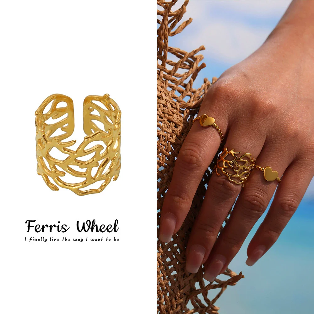 Wholesale Women's Geometric Ferris Wheel Exaggerated Wide Irregular Branchshaped Stainless Steel Goldplated Ring