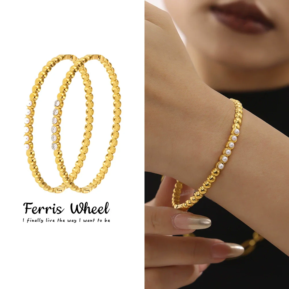 Wholesale Women's Geometric Ferris Wheel Inlaid Zircon Stainless Steel Shell Beads Pvd Vacuum Goldplated Electroplated Bracelet