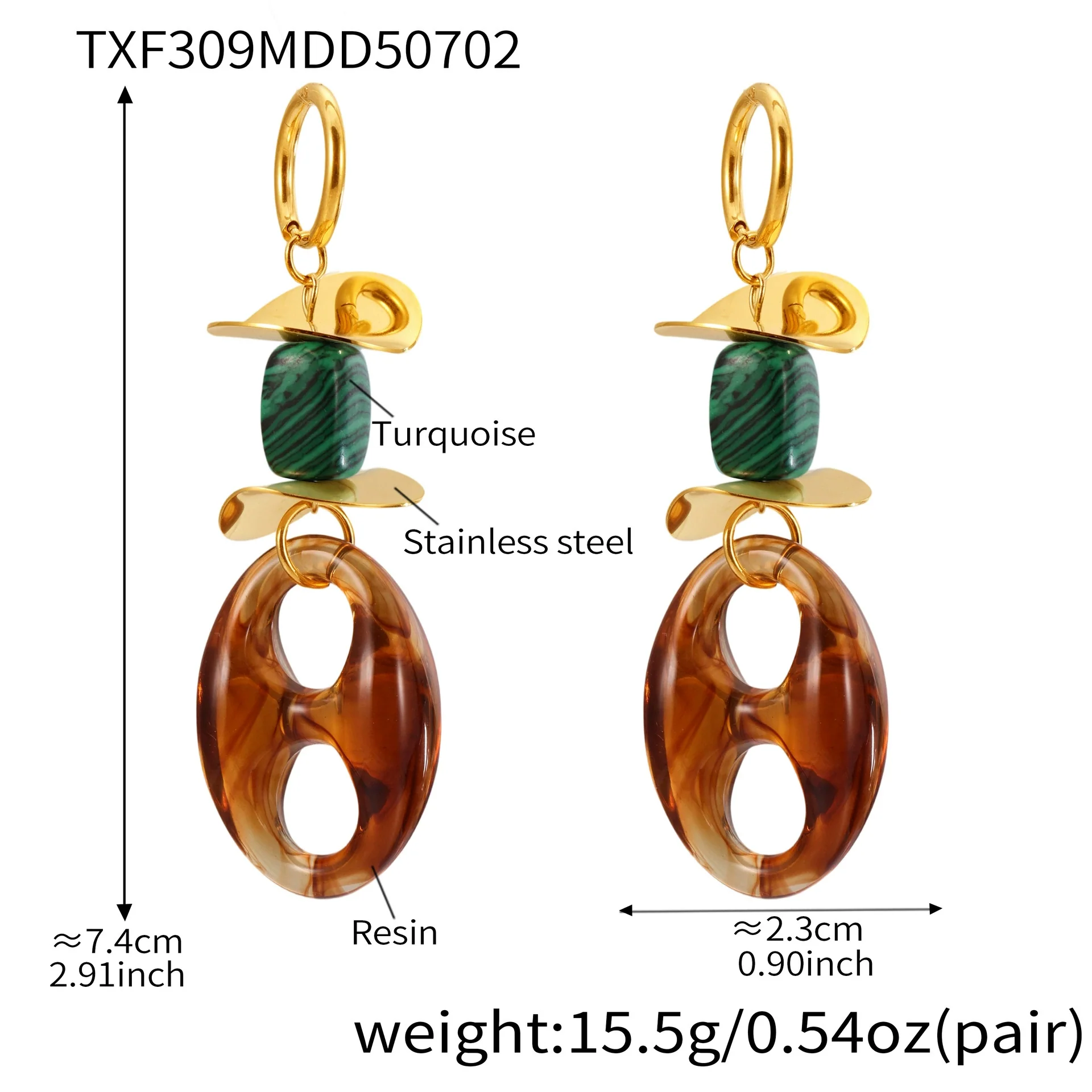 Wholesale Women's Geometric Ferris Wheel Oval Pig Nose Electroplated Stainless Steel Resin Turquoise Earrings - Image 6