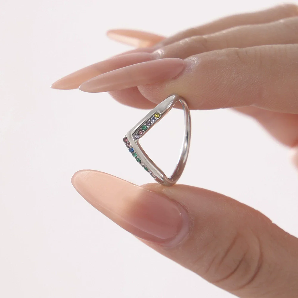 Wholesale Women's Geometric Ferris Wheel Vshaped Diamond 5A Zircon Side Opening Adjustable Stainless Steel Electroplated Ring - Image 3