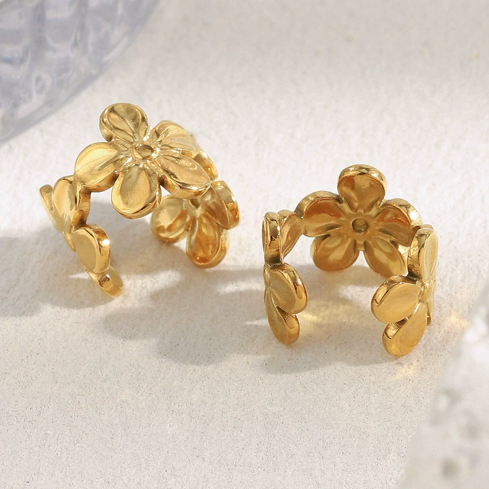 Wholesale Women's Geometric Flower Style 18K Gold Plated Stainless Steel Earrings - Image 3