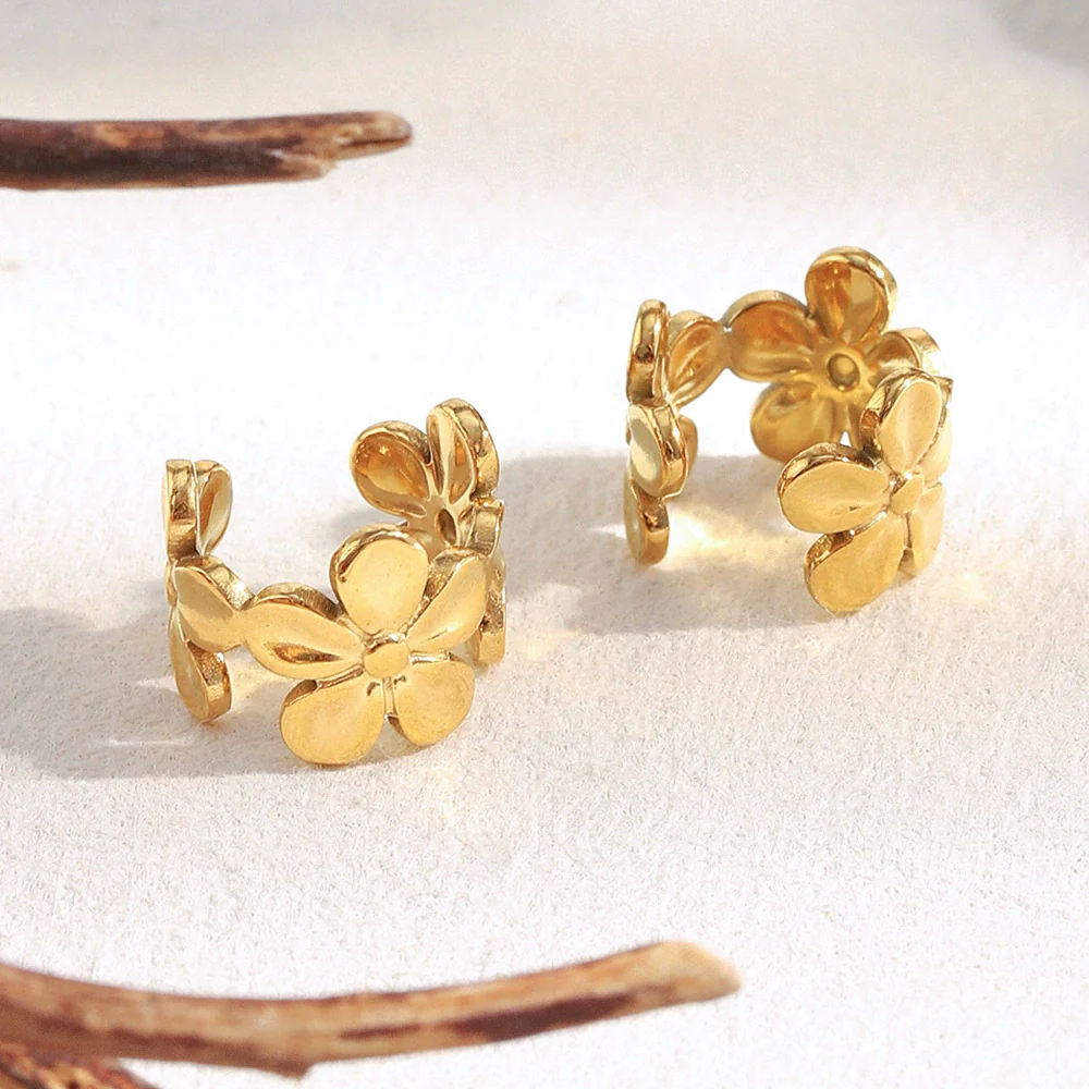 Wholesale Women's Geometric Flower Style 18K Gold Plated Stainless Steel Earrings - Image 4