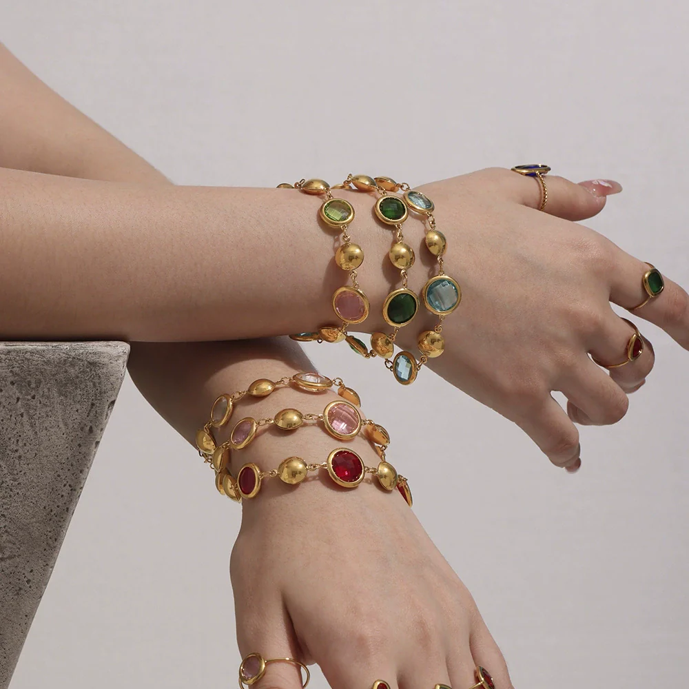 Wholesale Women's Geometric Glass Stone Stainless Steel Goldplated Stitching Bracelet Hand Jewelry - Image 2