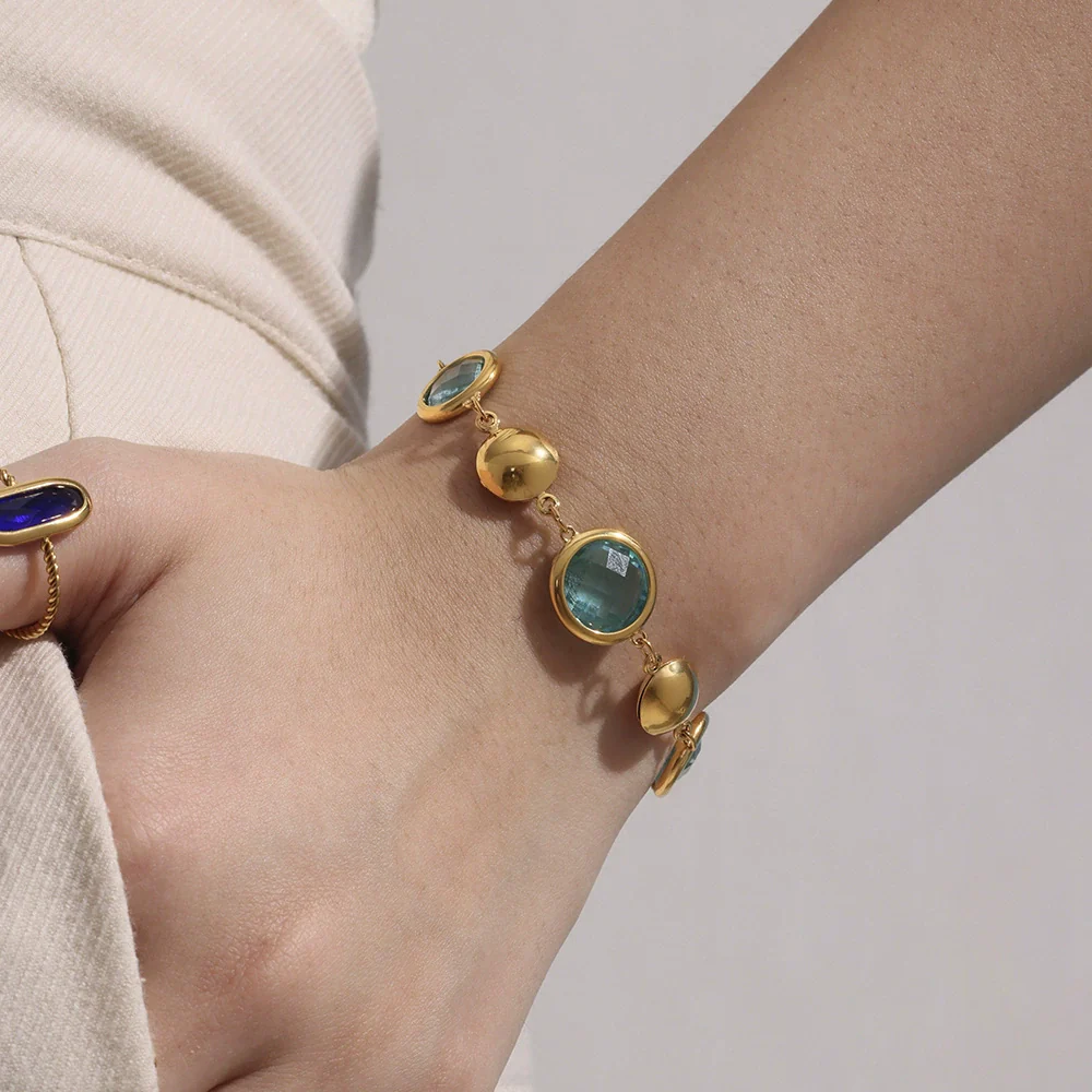 Wholesale Women's Geometric Glass Stone Stainless Steel Goldplated Stitching Bracelet Hand Jewelry - Image 4
