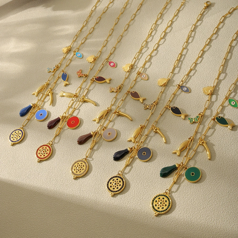 Wholesale Women's Geometric Goldplated Titanium Steel Ferris Wheel Ochain Round Zircon Necklace With Small Fish Eyes And Multiaccessories - Image 2