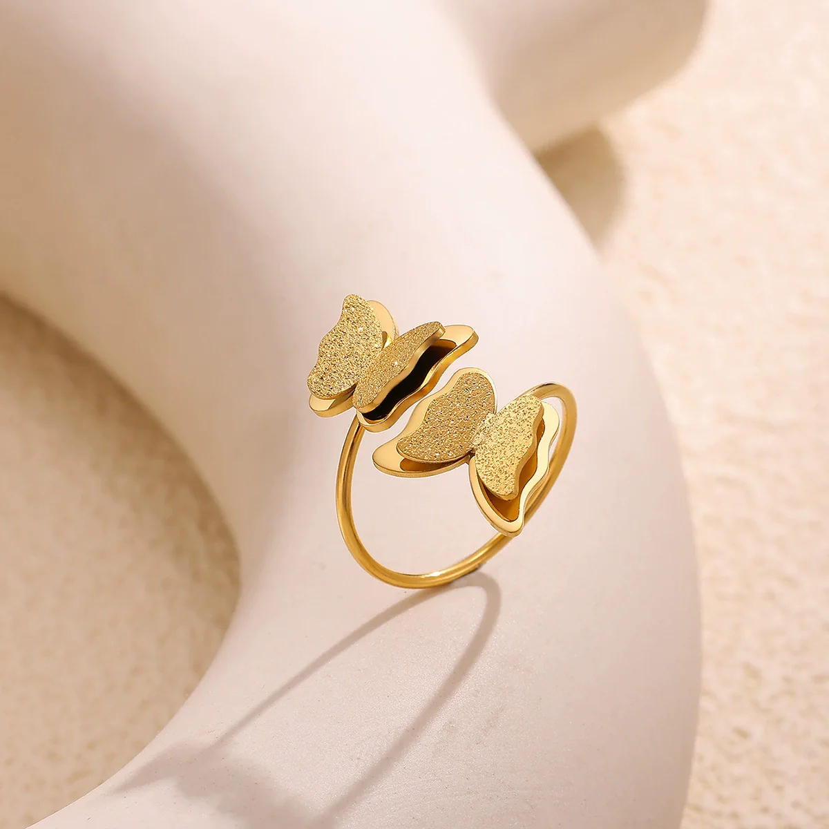 Wholesale Women's Geometric Heart Shape Inlaid With Gold Stainless Steel Doublelayer Butterfly Frosted Opening Adjustable Tail Ring Jewelry