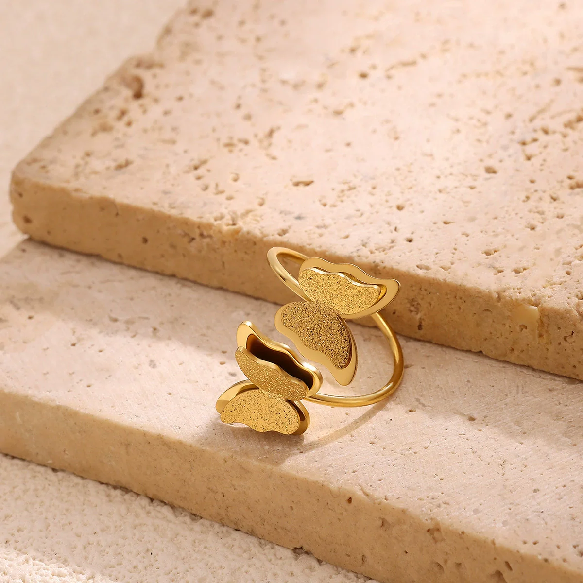 Wholesale Women's Geometric Heart Shape Inlaid With Gold Stainless Steel Doublelayer Butterfly Frosted Opening Adjustable Tail Ring Jewelry - Image 4