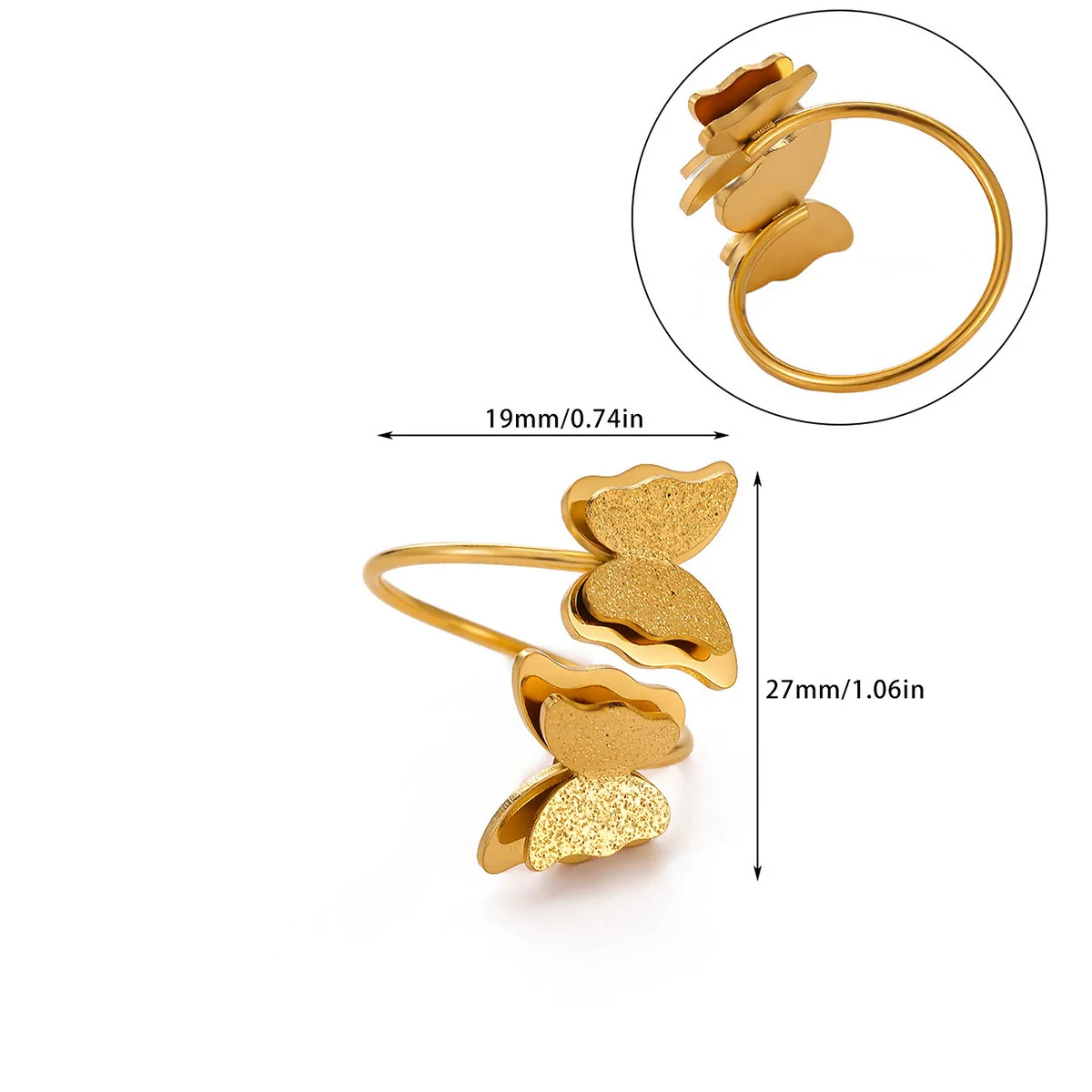 Wholesale Women's Geometric Heart Shape Inlaid With Gold Stainless Steel Doublelayer Butterfly Frosted Opening Adjustable Tail Ring Jewelry - Image 5