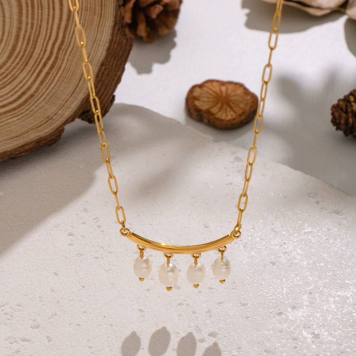 Wholesale Women's Geometric Jazz Style Minimalist Natural Freshwater Pearl Necklace With 18K Real Gold Plated Stainless Steel Paper Clip Chain - Image 2