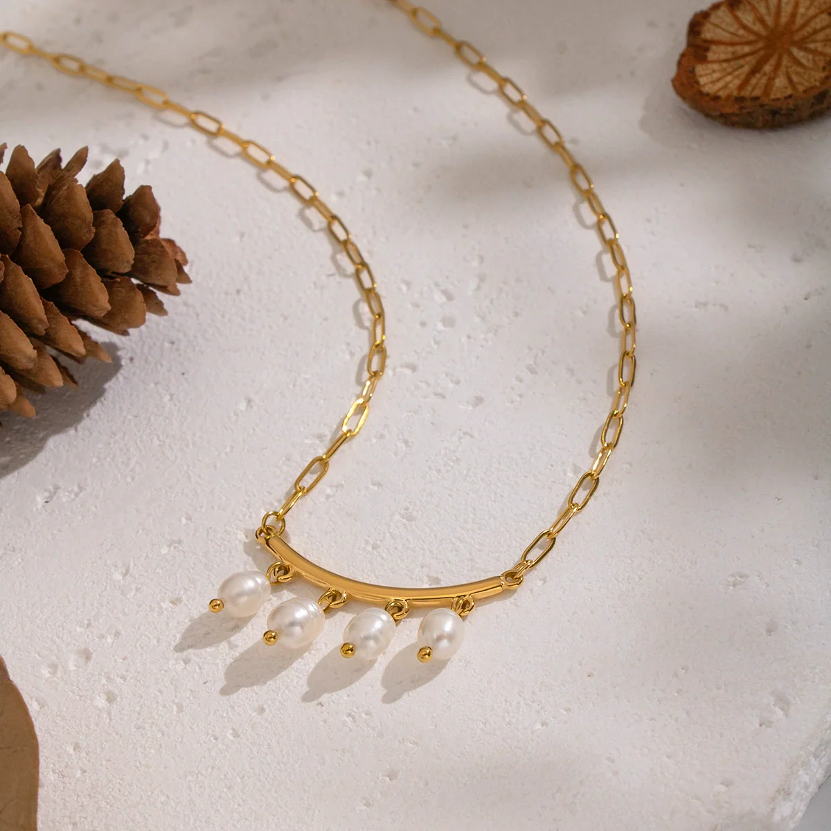 Wholesale Women's Geometric Jazz Style Minimalist Natural Freshwater Pearl Necklace With 18K Real Gold Plated Stainless Steel Paper Clip Chain - Image 3