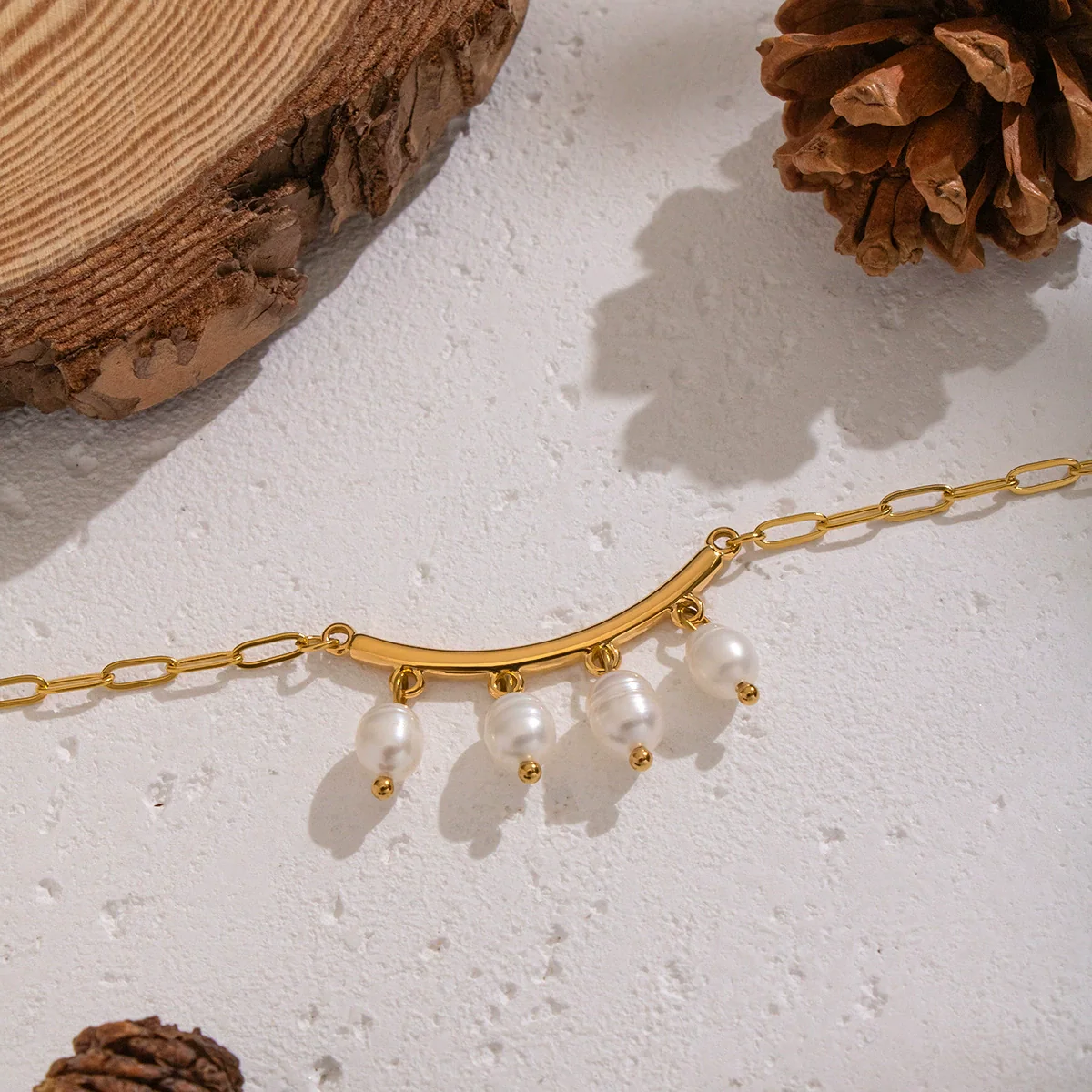 Wholesale Women's Geometric Jazz Style Minimalist Natural Freshwater Pearl Necklace With 18K Real Gold Plated Stainless Steel Paper Clip Chain - Image 4