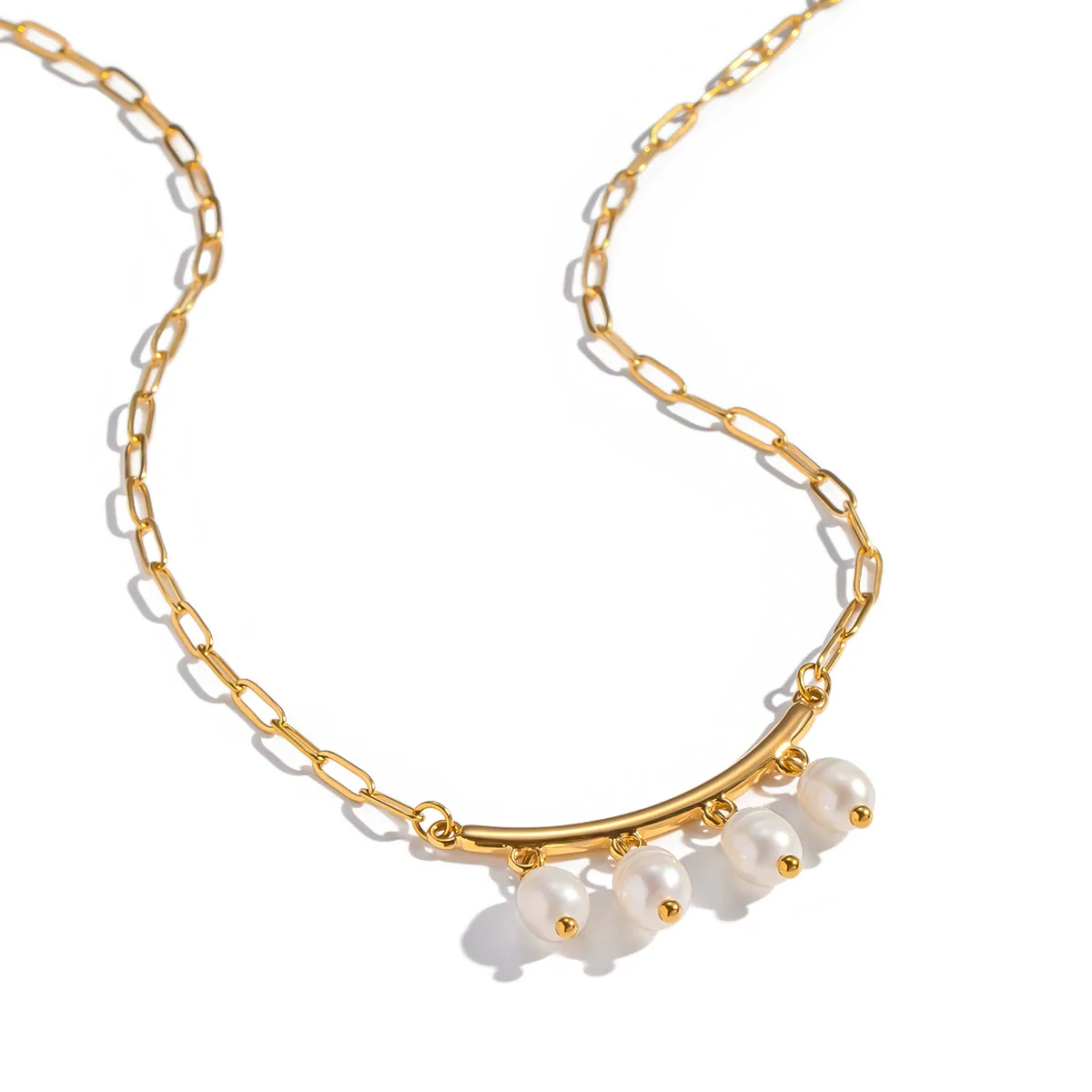 Wholesale Women's Geometric Jazz Style Minimalist Natural Freshwater Pearl Necklace With 18K Real Gold Plated Stainless Steel Paper Clip Chain - Image 5