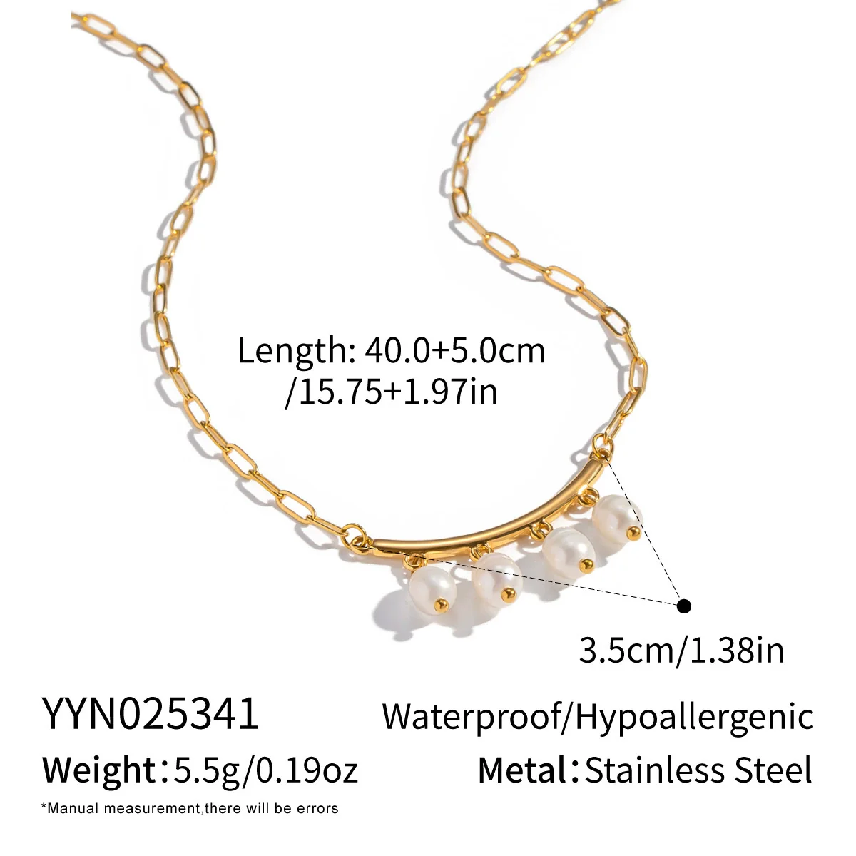 Wholesale Women's Geometric Jazz Style Minimalist Natural Freshwater Pearl Necklace With 18K Real Gold Plated Stainless Steel Paper Clip Chain - Image 6