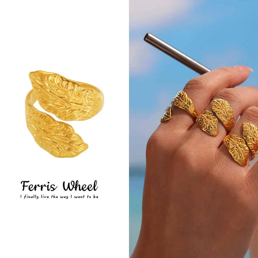 Wholesale Women's Geometric Leaf Open Index Finger Ring Made Of Stainless Steel With 18K Gold Plating