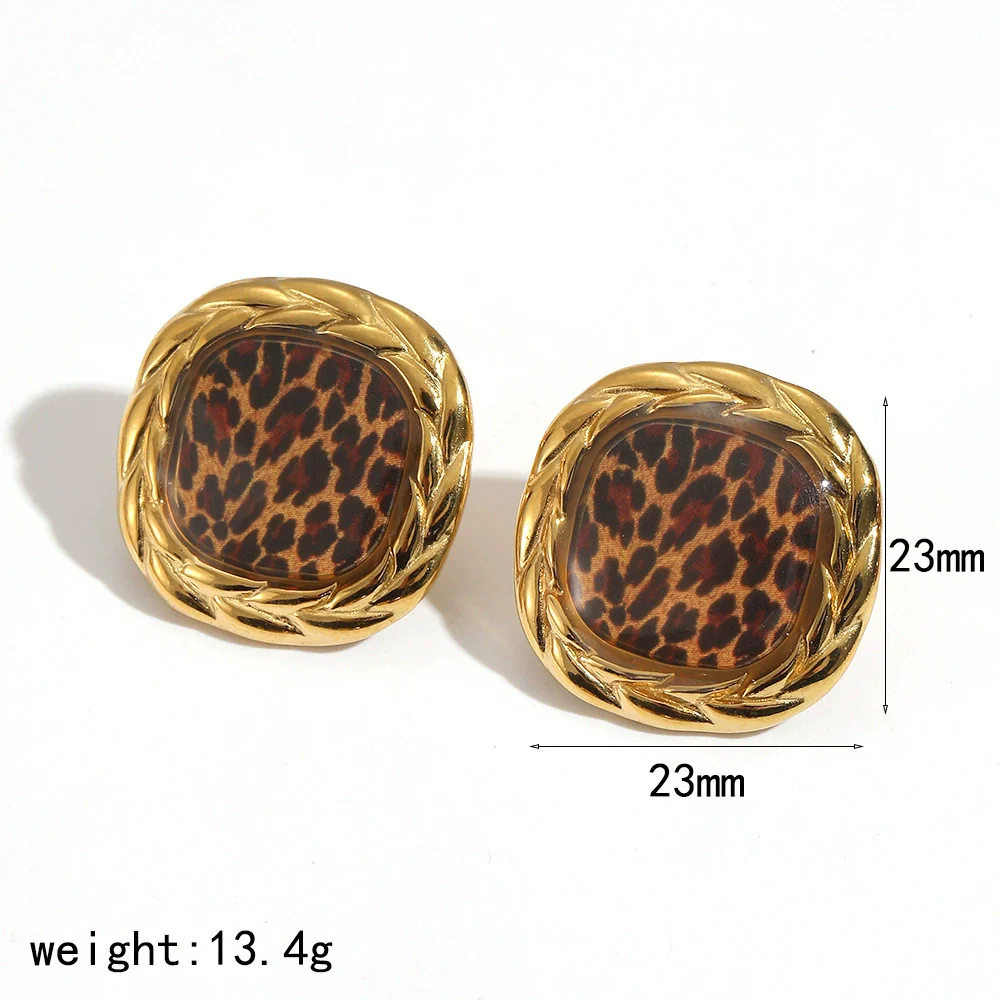 Wholesale Women's Geometric Leopard Print 18K Gold Plated Stainless Steel Jewelry Set Bracelet Earrings Maillard Style - Image 11