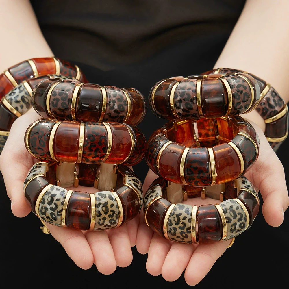 Wholesale Women's Geometric Leopard Print Stainless Steel Resin 18K Gold Plated Bracelet