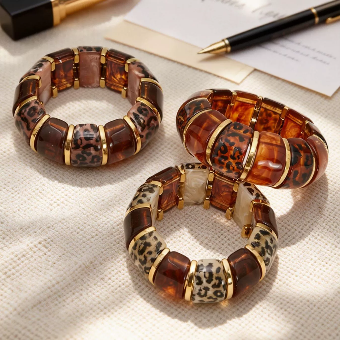 Wholesale Women's Geometric Leopard Print Stainless Steel Resin 18K Gold Plated Bracelet - Image 2