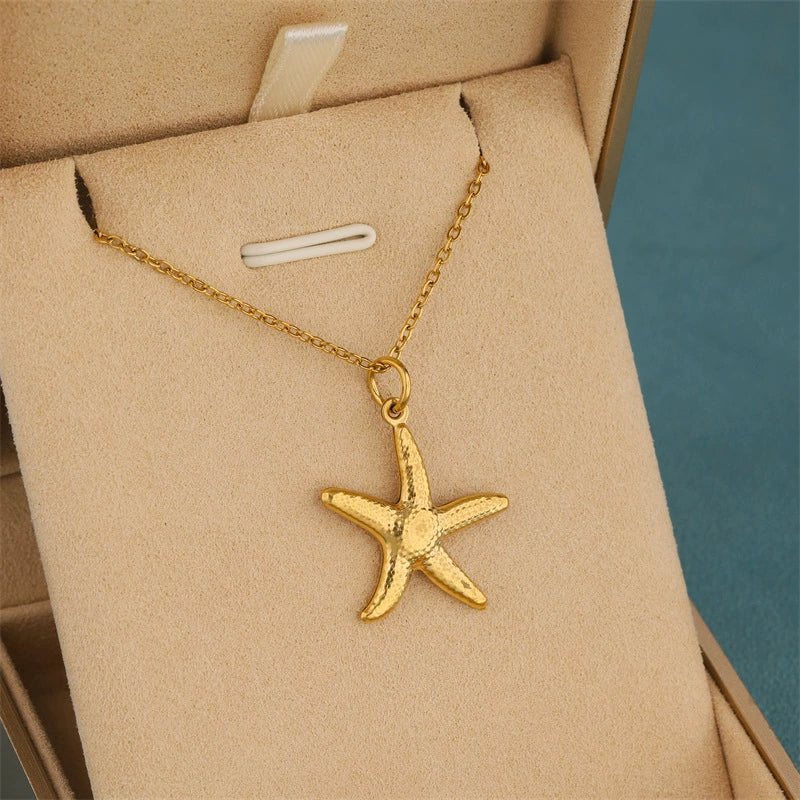 Wholesale Women's Geometric Minimalist Fivepointed Starfish Pendant Necklace Stainless Steel With 18K Gold Electroplating Cross Chain - Image 4