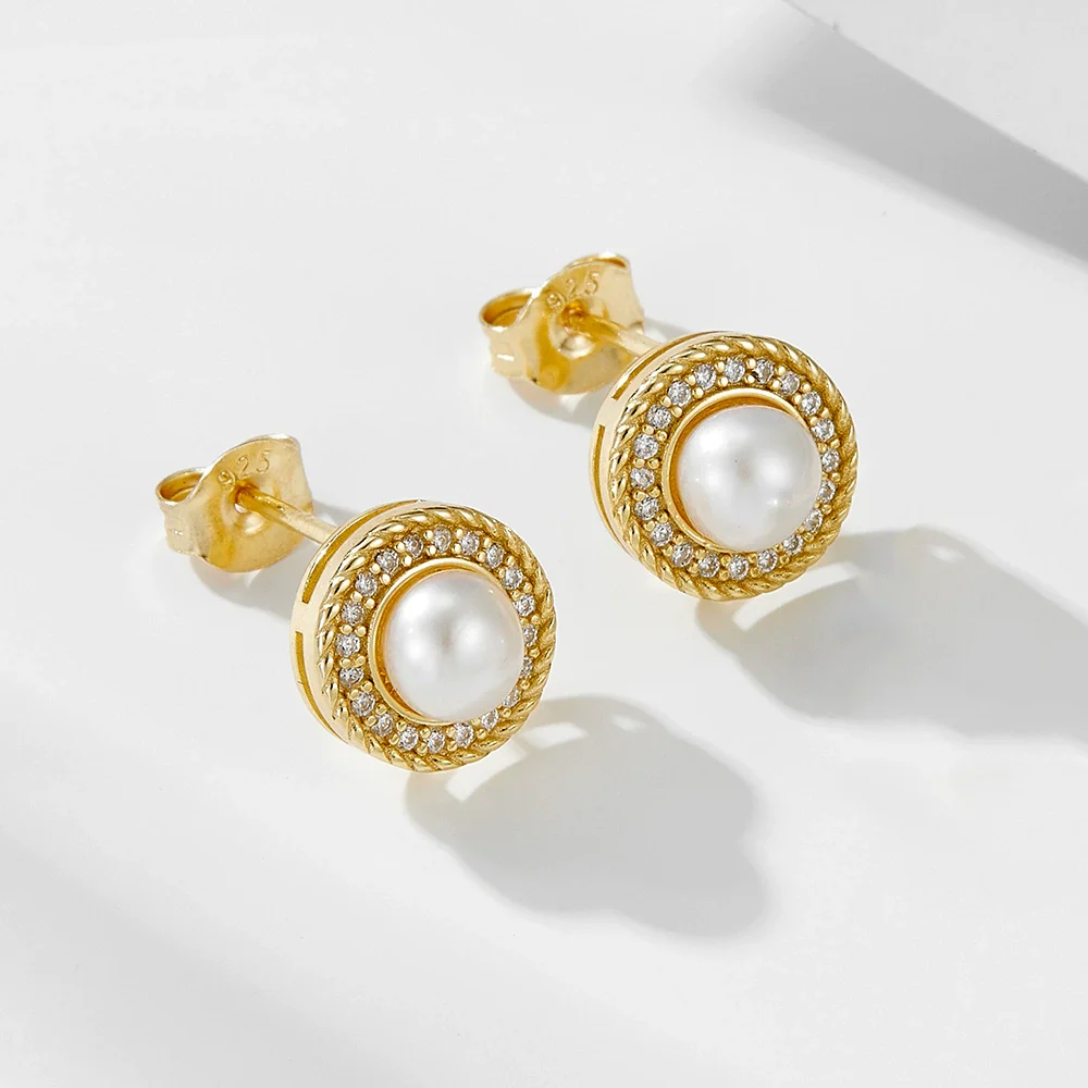Wholesale Women's Geometric Natural Freshwater Pearl 925 Sterling Silver Stud Earrings With Micro Inlaid Zircon