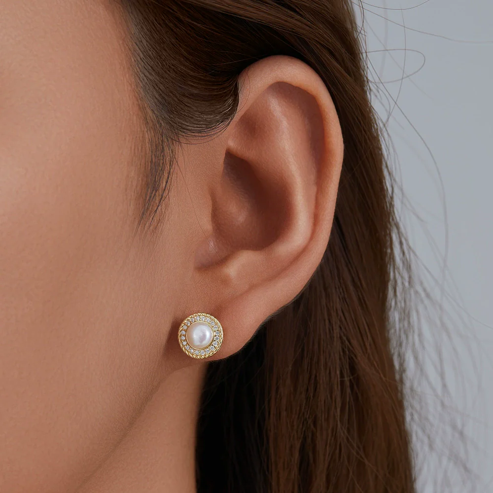 Wholesale Women's Geometric Natural Freshwater Pearl 925 Sterling Silver Stud Earrings With Micro Inlaid Zircon - Image 3