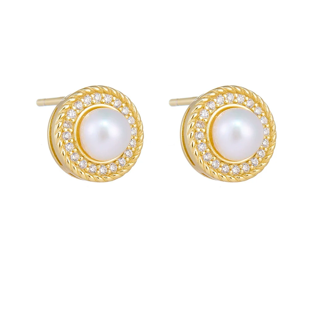 Wholesale Women's Geometric Natural Freshwater Pearl 925 Sterling Silver Stud Earrings With Micro Inlaid Zircon - Image 4