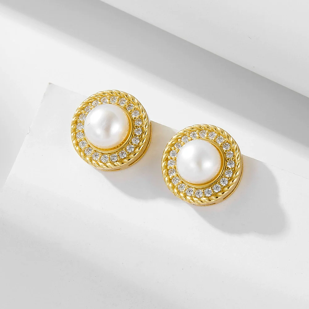 Wholesale Women's Geometric Natural Freshwater Pearl 925 Sterling Silver Stud Earrings With Micro Inlaid Zircon - Image 5
