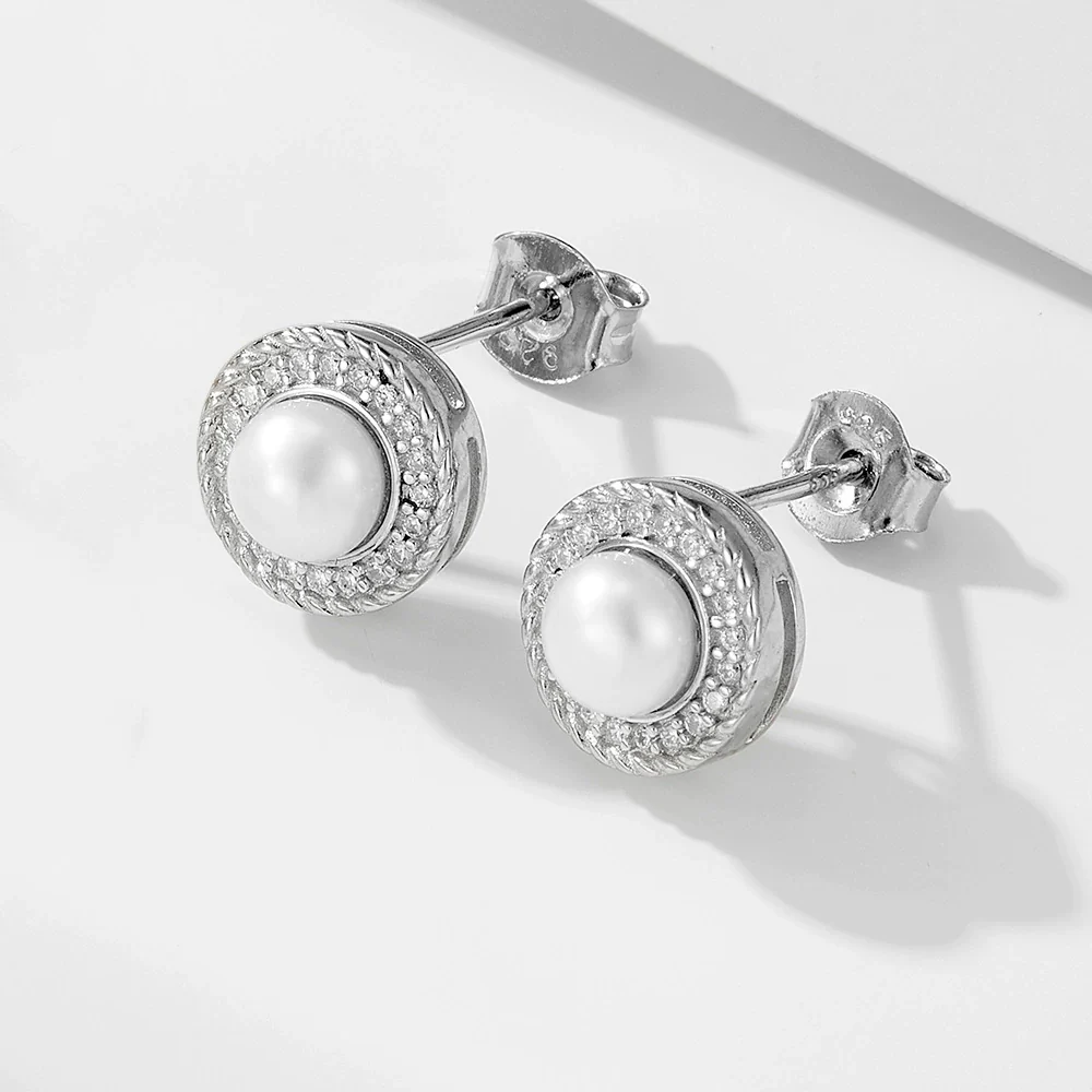 Wholesale Women's Geometric Natural Freshwater Pearl 925 Sterling Silver Stud Earrings With Micro Inlaid Zircon - Image 6