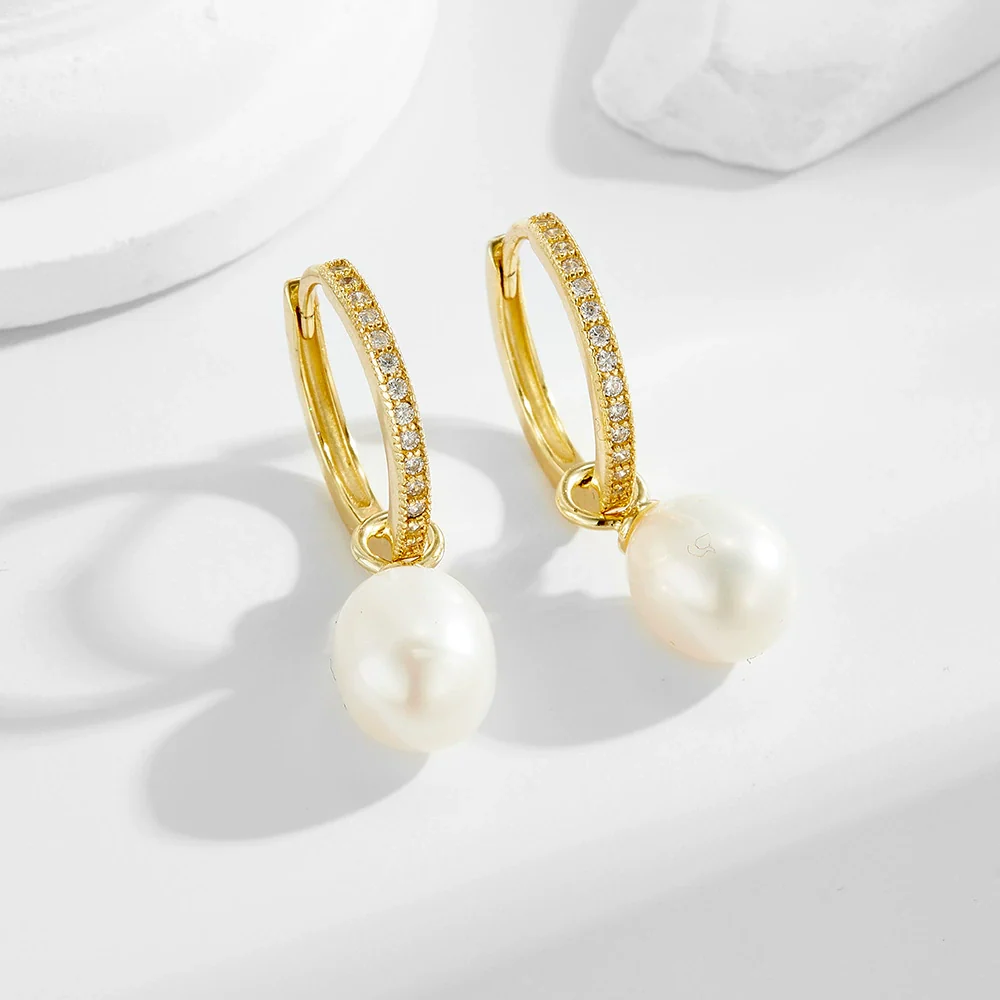 Wholesale Women's Geometric Natural Pearl Micropaved Zirconia S925 Sterling Silver Earrings