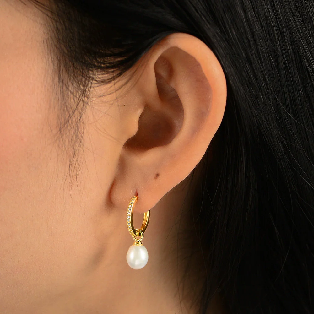 Wholesale Women's Geometric Natural Pearl Micropaved Zirconia S925 Sterling Silver Earrings - Image 4