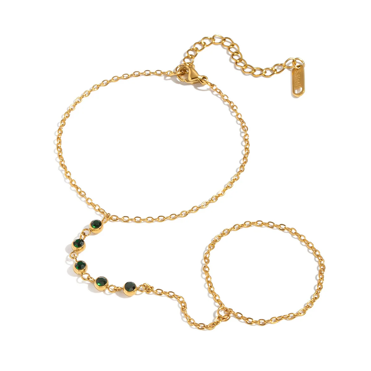 Wholesale Women's Geometric Olive Green Zircon Stainless Steel Real Gold Plated Chain Bracelet - Image 5