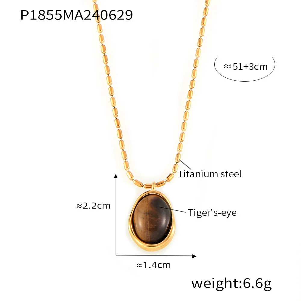 Wholesale Women's Geometric Oval Inlaid Tiger Eye Pendant Necklace With 18K Gold Plated Titanium Steel - Image 6