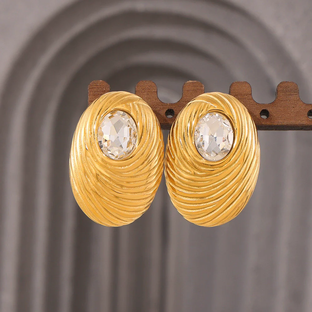 Wholesale Women's Geometric Oval White Glass Stone Earring With Titanium Steel And Pvd Vacuum Gold Plating - Image 2