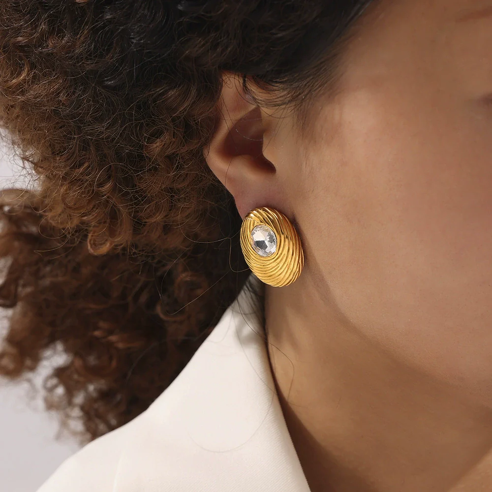 Wholesale Women's Geometric Oval White Glass Stone Earring With Titanium Steel And Pvd Vacuum Gold Plating - Image 3