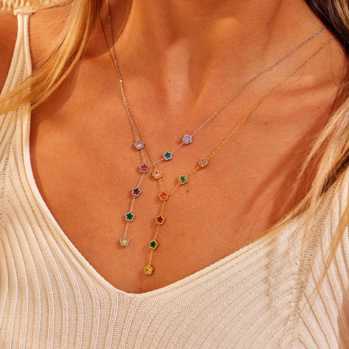 Wholesale Women's Geometric Pattern Electroplated 18K Stainless Steel Flower Inlaid With Colorful Zircon Necklace With Yshaped Chain - Image 2