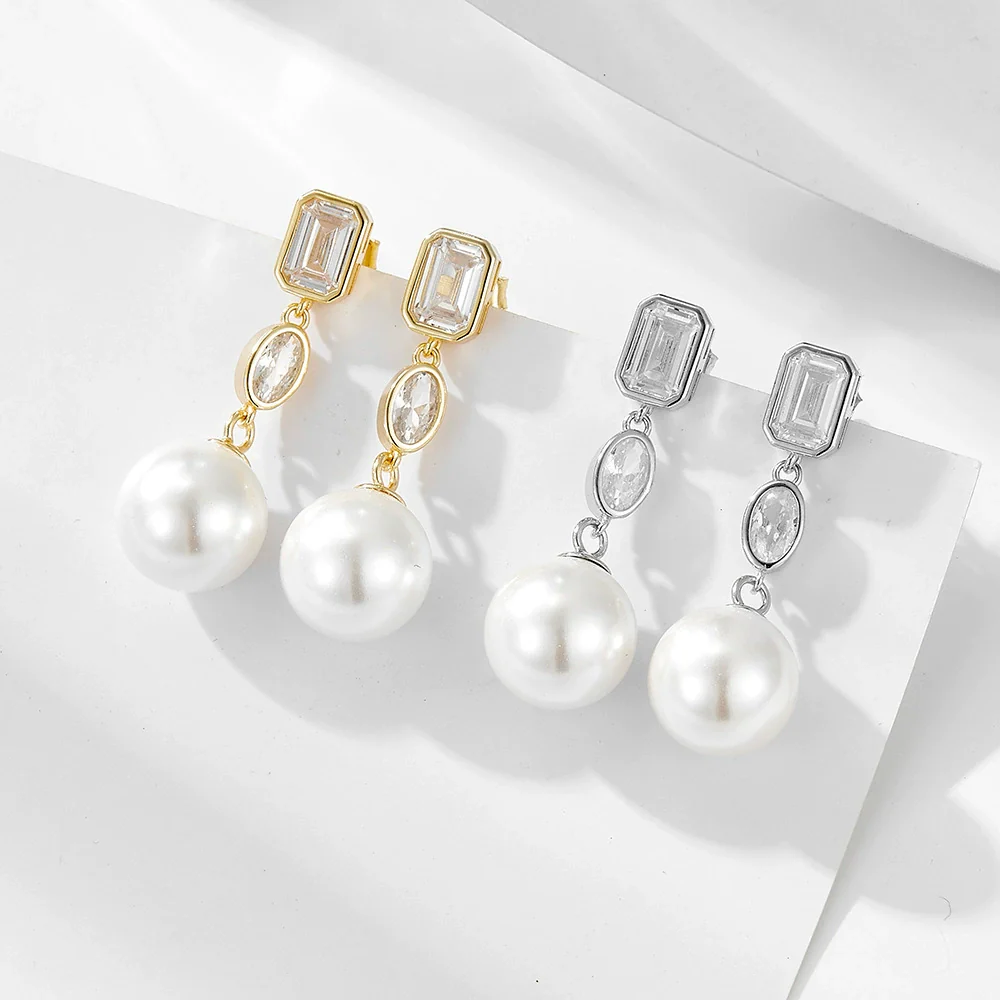 Wholesale Women's Geometric Pearl Inlaid S925 Sterling Silver Earrings - Image 3