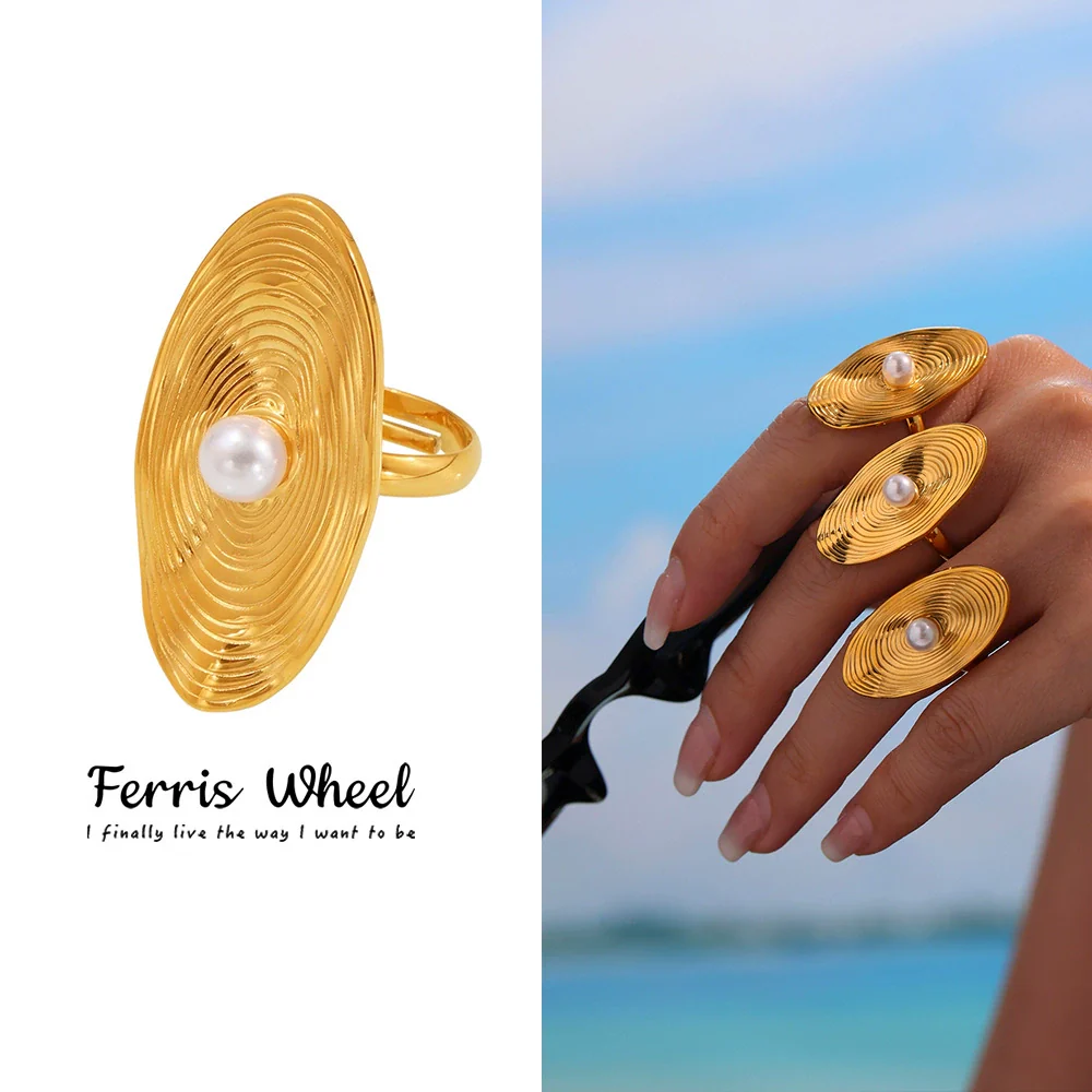 Wholesale Women's Geometric Pearl Stainless Steel And Shell Beads Electroplated Open Design Ring
